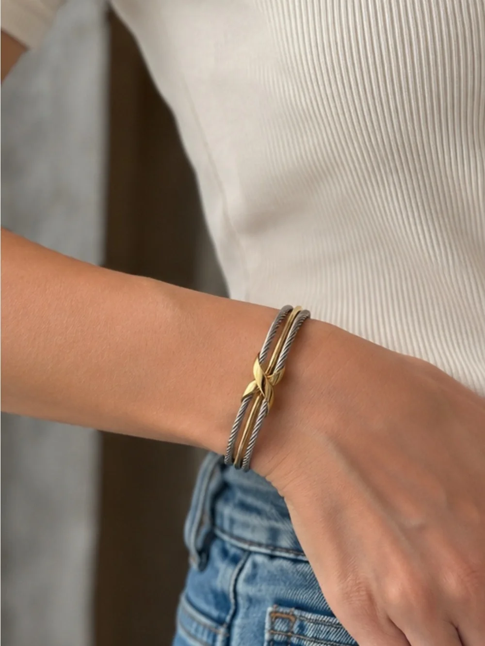 Adina Eden Bracelet in Mixed Metal with an “X” Center NEW